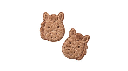 Two fluffy brown horse face embroidered plush patches on a transparent background © Vitalo4ok