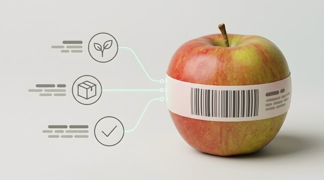 Agricultural food supply chain traceability with digital barcode scanning on fresh apple representing quality control