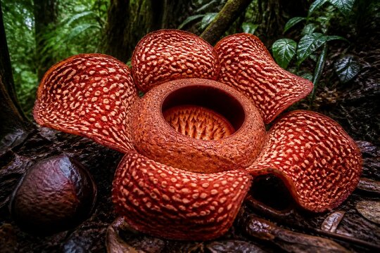 Giant rafflesia flower open on tropical forest floor