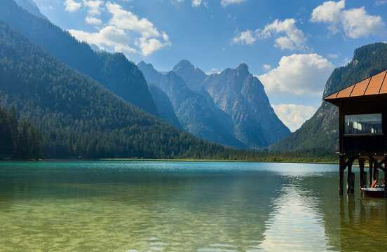  Lago, Dolomites, Lake mountain landscape with Alps peak , Misurina, Cortina d'Ampezzo, Italy