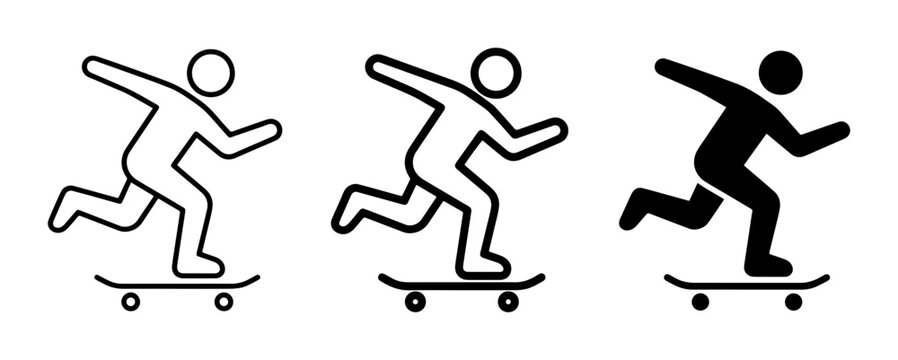 Skateboarder Icons, Silhouette and Outline, Action Sports Vector Graphics