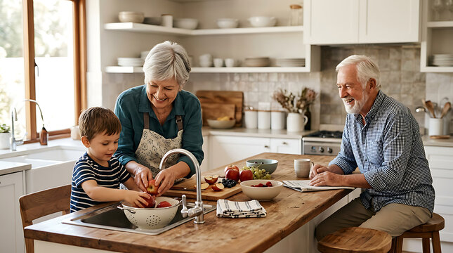 family cooking together in a cozy kitchen with grandparents and grandson enjoying meal preparation warm home atmosphere