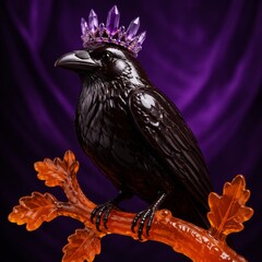 Naklejka premium Regal Chocolate Raven Wearing Violet Crystal Crown