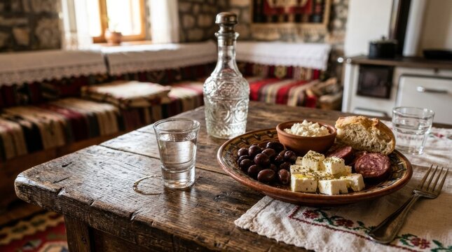 Traditional Balkan appetizer plate with rakia and local cheese on a rustic wooden table.