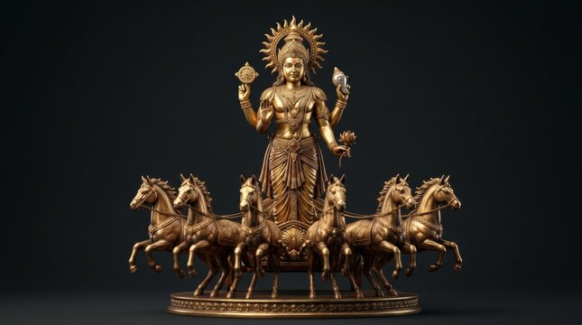 Golden Statue of Hindu Sun God Surya on Chariot.