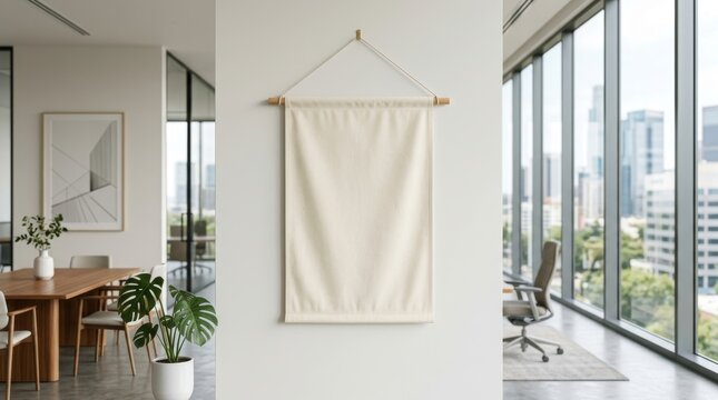 Blank hanging canvas banner mockup on office wall.