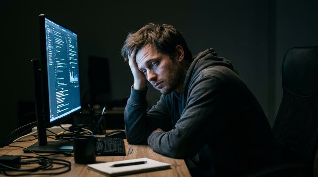 Stressed software developer working late night in a dark office.