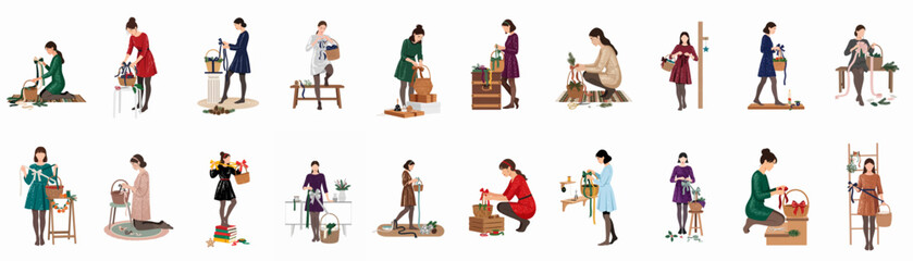 Fototapeta premium Set of Hand-Drawn Flat Vector Illustrations of Women Engaged in Gardening, Planting, and Home Organization Activities, Isolated on White Background for DIY Projects and Creative Designs