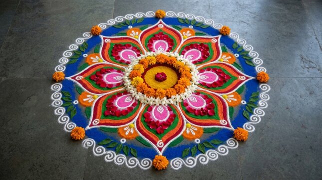 Beautiful colorful Rangoli design made with flowers and colored powder for Diwali festival.