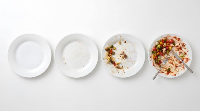 Four white ceramic plates showing stages of a meal from empty to finished food leftovers