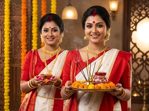Two beautiful bengali women holding traditional puja items during durga puja