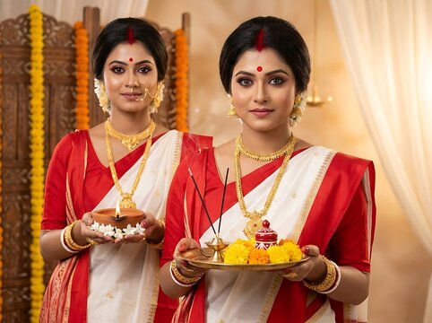 Two beautiful bengali women in traditional saree holding puja items