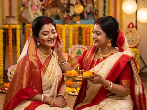 Bengali women celebrating sindoor khela during durga puja festival