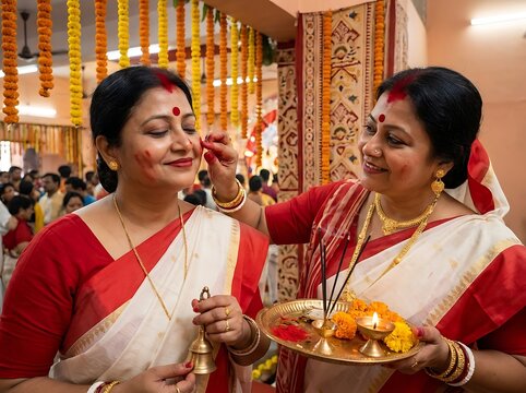 Two bengali women celebrating sindoor khela during durga puja festival