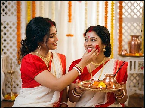 Two indian women celebrating durga puja festival with sindoor and traditional saree