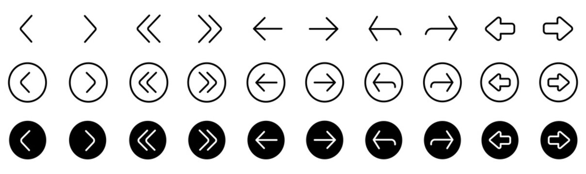Modern Arrow Navigation Icon Set . Left, Right, Double, Curved and Circular Direction Arrows.