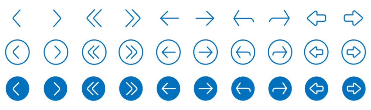 Modern Arrow Navigation Icon Set . Left, Right, Double, Curved and Circular Direction Arrows.