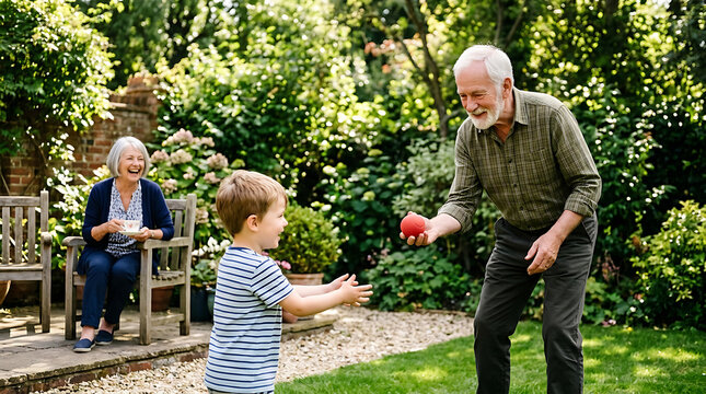 elderly man playing with young boy and smiling woman in garden during daytime