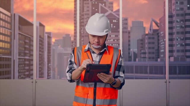 Asian Male Engineer With Safety Helmet Taking Note On The Tablet And Looking Around While Standing at Office with Panoramic City Skyline at Sunset