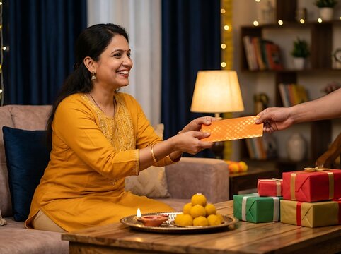Indian woman receiving a festive gift envelope during diwali celebration