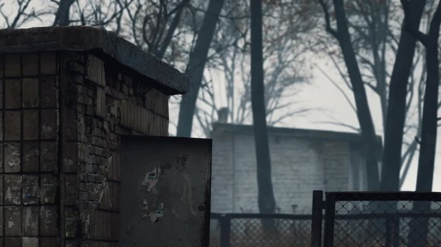 An old building stands near trees with damaged walls. The scene shows a gloomy atmosphere with limited light. Nearby, other structures are visible in the background.