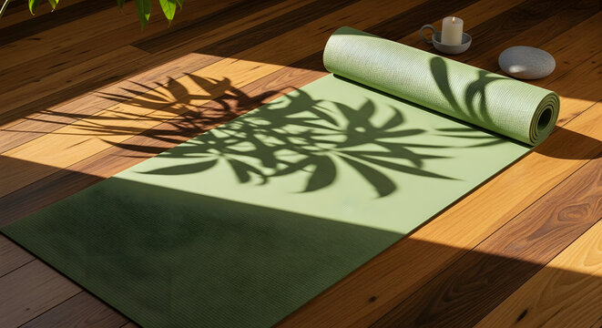 Green yoga mat with leaf pattern on wooden floor.