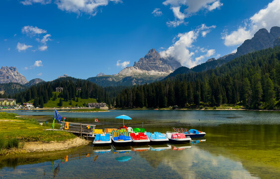  Lago, Dolomites, Lake mountain landscape with Alps peak , Misurina, Cortina d'Ampezzo, Italy