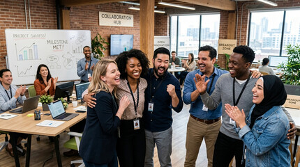 Obraz premium Diverse team celebrating success in modern office, achievement, joy, teamwork, collaboration