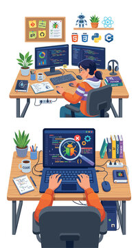 Programmer writing code on dual monitors in a workspace.