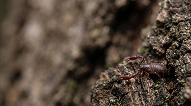 Tiny Pseudoscorpion Crawling Across Tree Bark
