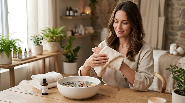Young woman enjoying a relaxing spa treatment with essential oils and a warm towel at home in a cozy bright room