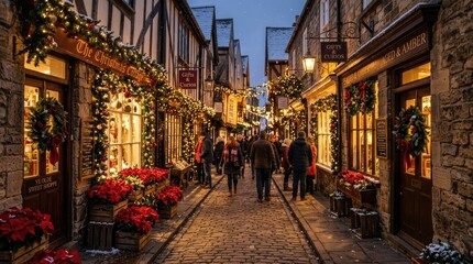 Fototapeta premium Festive christmas market street decorated with lights at night, christmas