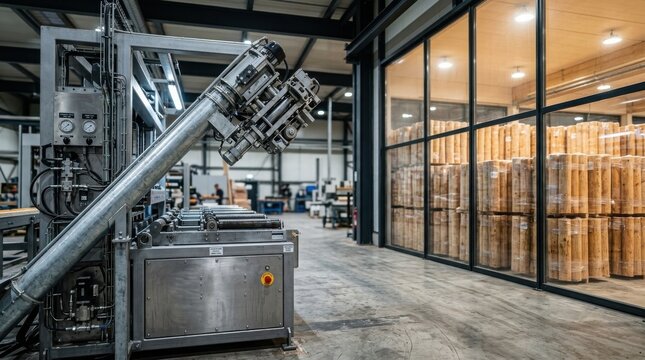 Timber processing machinery and log storage inside factory