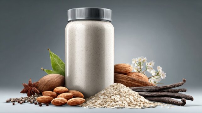 Vanilla flavor almond protein shake in glass jar with natural ingredients for healthy liquid nutrition.