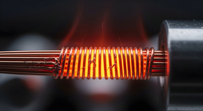Red hot copper coil glowing from electric current - heating element technology and scientific experiment