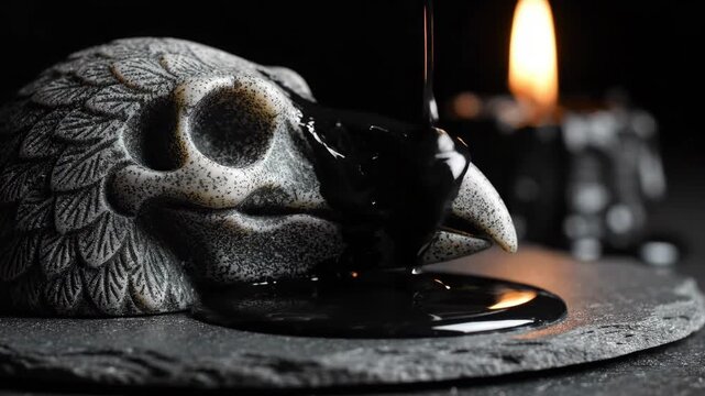 Cinematic 4K Slow Motion of Thick Black Liquid Pouring Over a Raven Skull with a Flickering Candle in a Dark Gothic Atmosphere