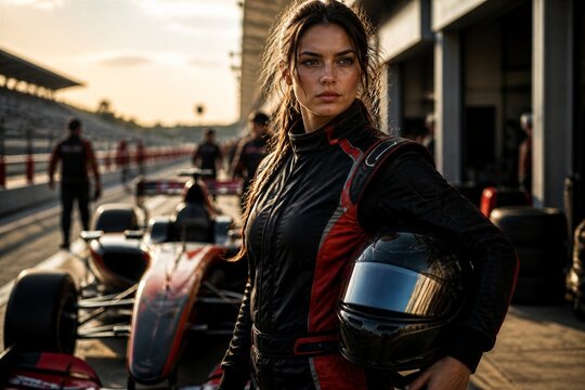 Female race car driver standing in pit lane at sunset
