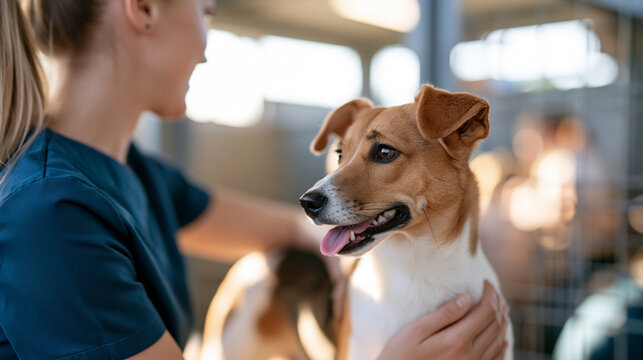 rear view of a volunteer taking care of a dog at a bright animal shelter, back to camera, companionship and care concept, rescue, adoption, community, bright, with copy space