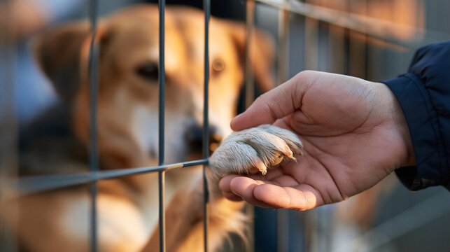 close-up of a male hand holding a homeless dog's paw through the kennel lattice in bright even lighting, face out of frame, companionship and care concept, rescue, adoption,