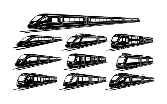 Set of modern high speed train vector silhouettes isolated on a white background