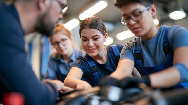 rear view of a teacher and students working on an engine together in a bright car mechanic class, backs to camera, automotive education concept, teamwork, technical training,