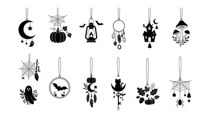 Naklejka premium Halloween Charms Collection: A set of charming black and white Halloween-themed hanging ornaments including moon, pumpkin, lantern, spider web, ghost, mushroom, cat, and bat designs.