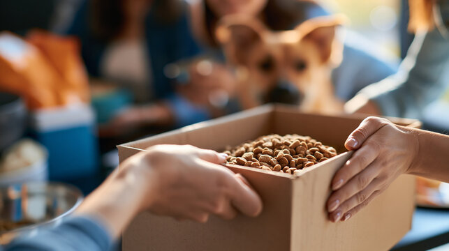 close-up of a shelter volunteer's hands giving a heavy box of dry dog food kibble to an adopting family in a bright setting, face out of frame, charity donation concept, canine