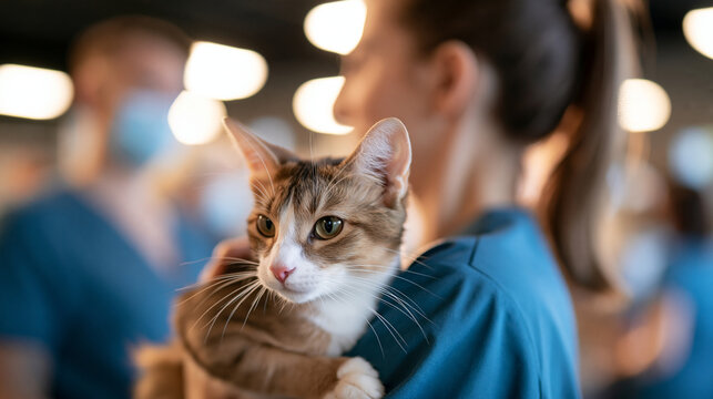 rear view of a volunteer holding a rescued cat at a bright animal shelter, back to camera, animal care concept, companionship, community, rescue, bright, with copy space