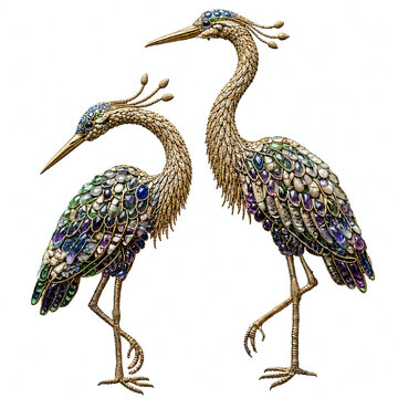 Jeweled heron couple illustration with ornate gold gemstone plumage, mother of pearl peacock style bird design on white background, elegant luxury frame or card decor element, decorative bird motif