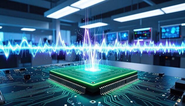 Advanced Microprocessor on Motherboard with Glowing Blue Digital Waveform Frequency in Tech Laboratory