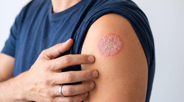 Man showing circular red scaly skin rash on upper arm resembling ringworm infection or plaque psoriasis lesion