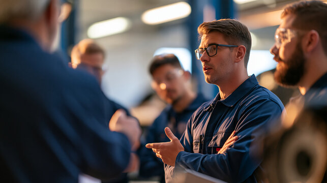 rear view of apprentice mechanics looking unenthusiastic while listening to an experienced mentor in a bright workshop, backs to camera, humorous training concept, automotive