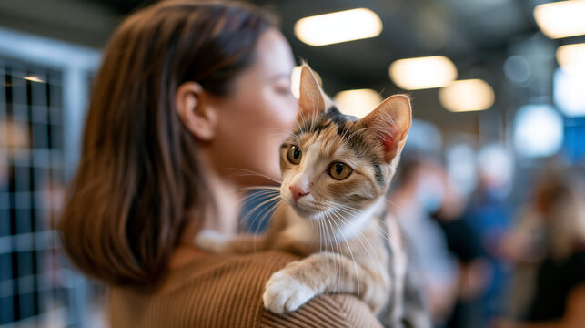 rear view of a brunette teen holding a cat at a bright animal shelter, back to camera, companionship and care concept, rescue, adoption, community, bright, with copy space