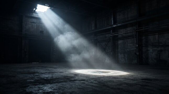A bright shaft of natural light streaming through a hole in the roof of a dark and abandoned industrial warehouse interior
